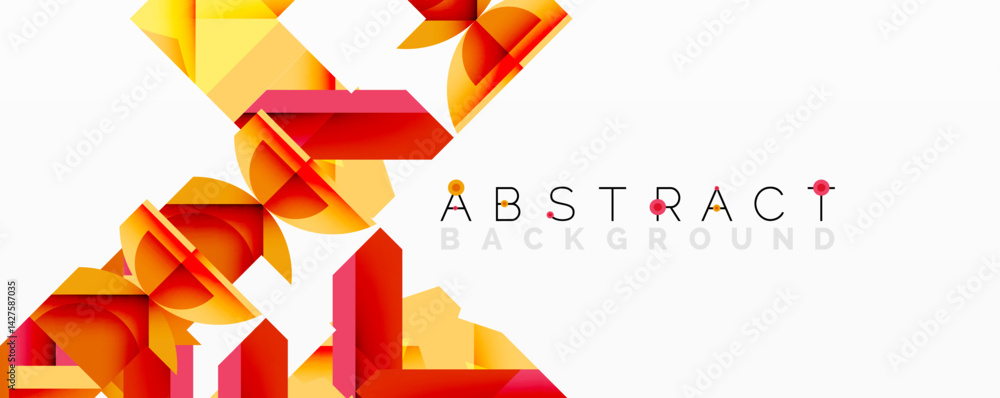 Poster Bright geometric shapes overlap, creating dynamic abstract composition. Warm color palette dominates, featuring shades orange, red, yellow. Modern design element suitable backgrounds.