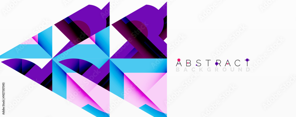 Poster geometric shapes create vibrant abstract design. purple, blue, pink gradients overlap, forming dynam