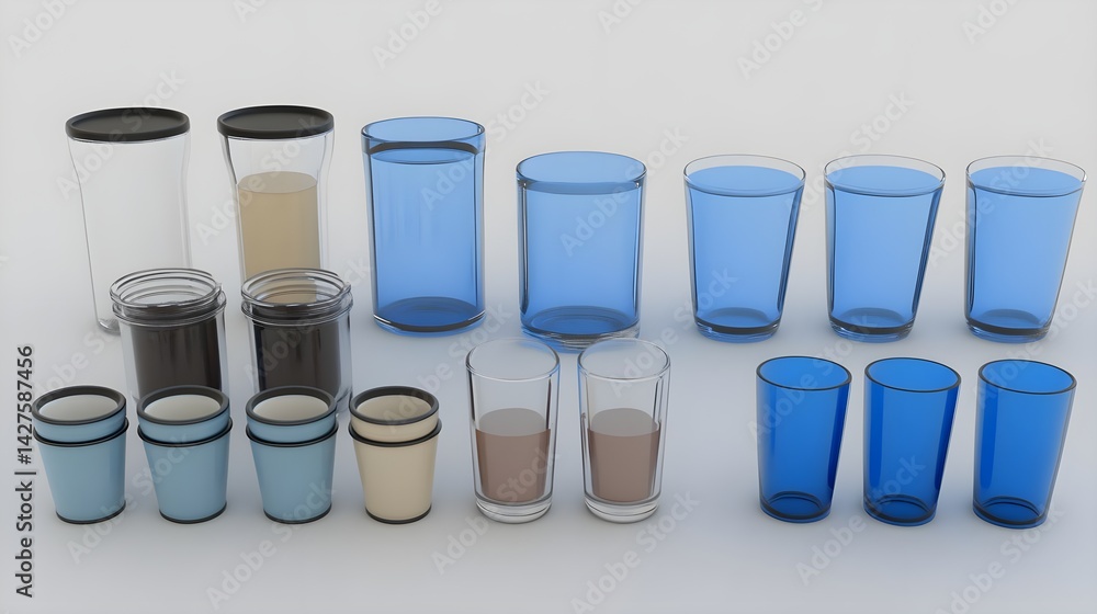 Poster artistic display of colorful glassware studio 3d render minimalist front view design concept