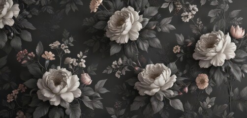 Subtle charcoal floral wallpaper with vintage-inspired blooms and leaves , charcoal, interior, surface