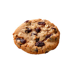 A golden-brown cookie with oats and raisins, featuring a chewy texture and a homemade appearance.