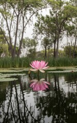 A serene pink water lily blooms on a tranquil pond, reflecting its beauty amid lush greenery and trees.