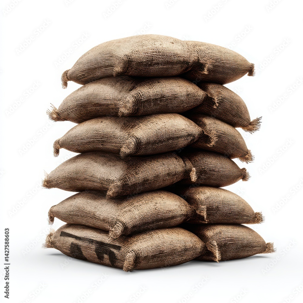 Poster a pile of burlap sacks stacked high on a white background, a rustic backdrop and an easy storage sol