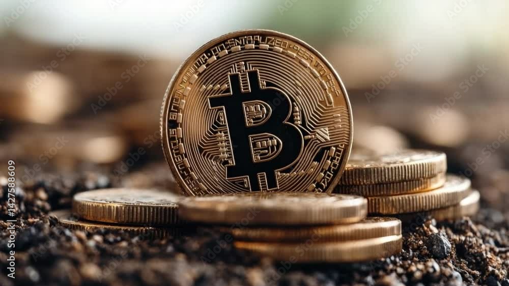 Aufkleber Bitcoin's Foundation: A close-up perspective of a gleaming bitcoin resting atop a small collection of coins, subtly symbolizing the roots and value of cryptocurrency