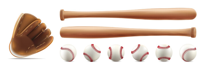 Bat, ball and glove baseball clipart. 3d player equipment vector set. Vintage isolated team logo mockup. Wooden steel stick, white softball, leather mitt base element texture. Pitcher sweepstakes tool