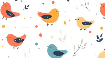 Cute birds pattern with small leaves and dots