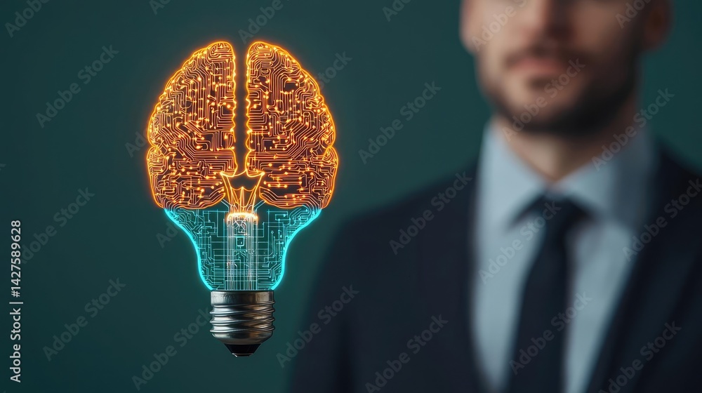 Aufkleber half of virtual lightbulb and brain in genius technology concept. creative concept of a brain integr