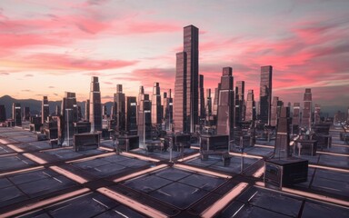 Fototapeta premium A futuristic cityscape with towering skyscrapers against a vibrant pink and purple sunset sky. Urban structures reflect modern architecture.