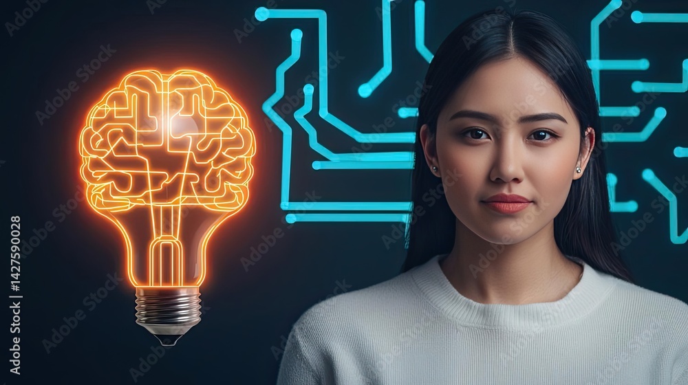 Poster half of virtual lightbulb and brain with businesswoman innovation concept. conceptual image of innov