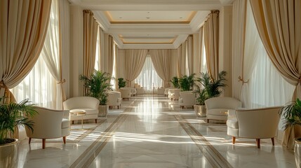 Elegant Hotel Lobby Interior Design: Sunlit Grand Hallway with Luxurious Cream Furnishings and Floor