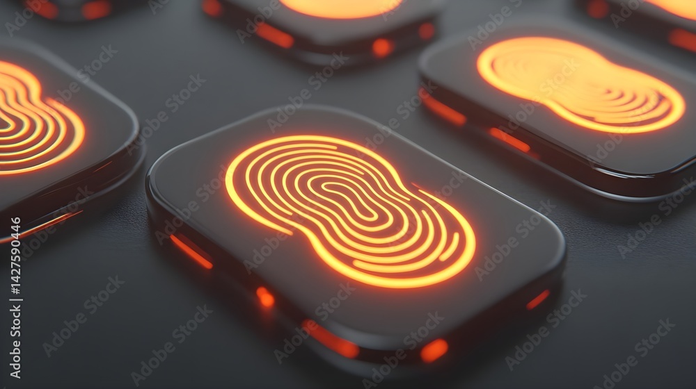 Poster futuristic glowing fingerprint scanners tech lab digital devices dark environment close-up view secu