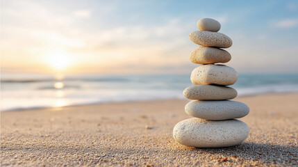 Fototapeta premium Stack of balanced stones on a sandy beach against the backdrop of a beautiful sunset. Harmony and mindfulness concept.