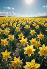 Fototapeta premium Vast field of daffodils bathed in sunlight, cheerful yellow against azure sky, bloom, floral, nature