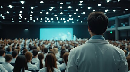 Doctor at Medical Conference with Large Audience, and Inspiring Talk.