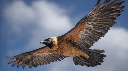 Bearded Vulture Flying: Bird of Prey Soaring in Blue Sky with Clouds Photography