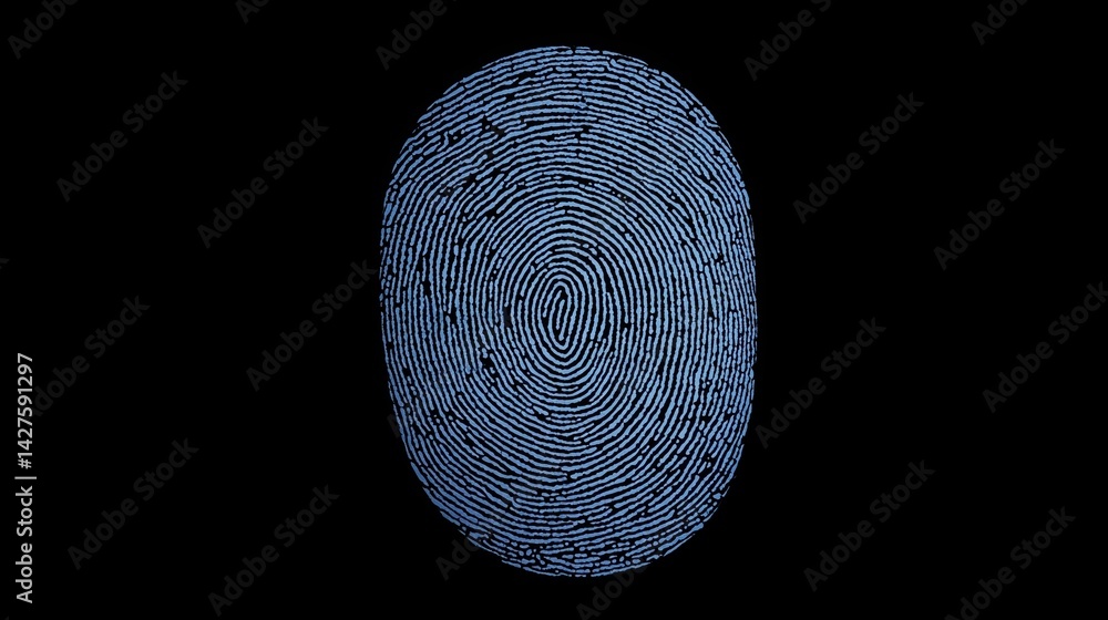 Poster a close-up of a fingerprint, showcasing intricate patterns and lines against a dark background, symb