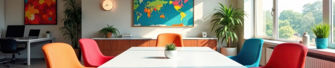 Vibrant office with colorful artwork and modern furniture, furniture, success, art