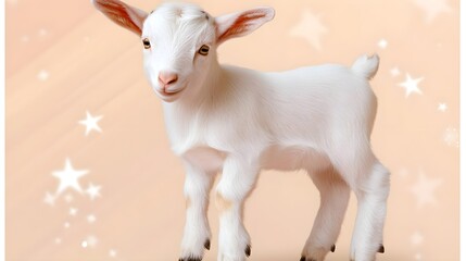 Obraz premium Playful baby goat on soft pastel background cute animal portrait cheerful atmosphere