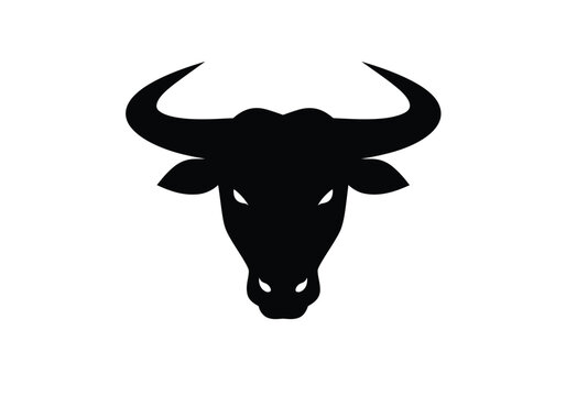 Bull face silhouette. This image shows a black silhouette of a bull's head with prominent horns and a strong, fierce appearance. Vector clipart illustration design.