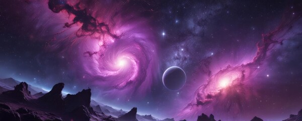 Fototapeta premium Vibrant purple nebula swirls, glowing star clusters Stellar cosmic landscape , emission nebula, space, astronomy