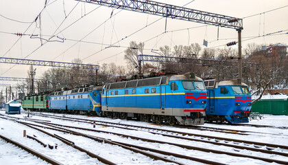 Passenger electric locomotives at Kyiv depot, Ukraine