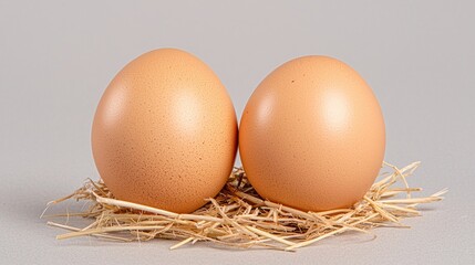 Two brown eggs resting on a bed of straw, showcasing their smooth surfaces against a neutral background.