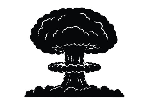 Mushroom cloud silhouette. This image shows a black silhouette of a mushroom cloud, also known as an atomic or nuclear explosion cloud, with detailed plumes. Vector clipart illustration design.