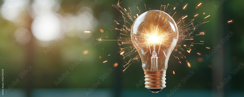 Poster explosion of lightbulb showing bulb and filament crash concept. a glowing light bulb shining bright 