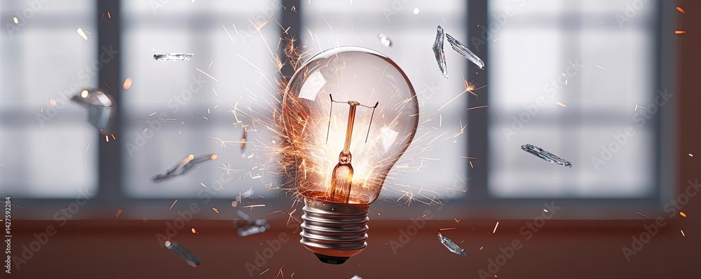 Poster explosion of lightbulb showing bulb and filament crash concept. a shattered light bulb with sparks i