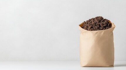 Brown potting soil in a paper bag