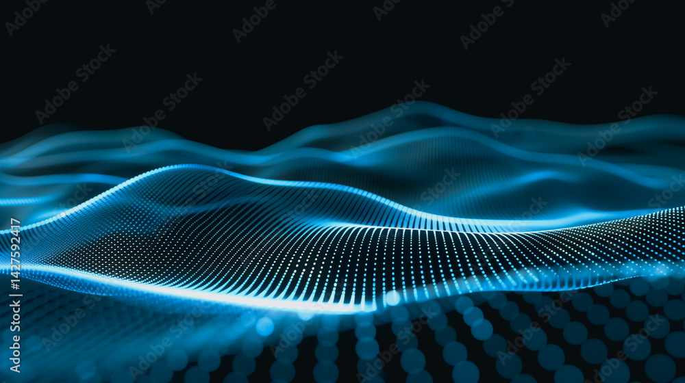 Poster digital waves of data: an artistic representation of a digital wave, rendered in a striking shades o