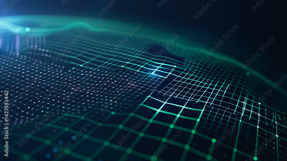 Poster cyber world: a digital, abstract representation of the world, created with geometric grids and a mes