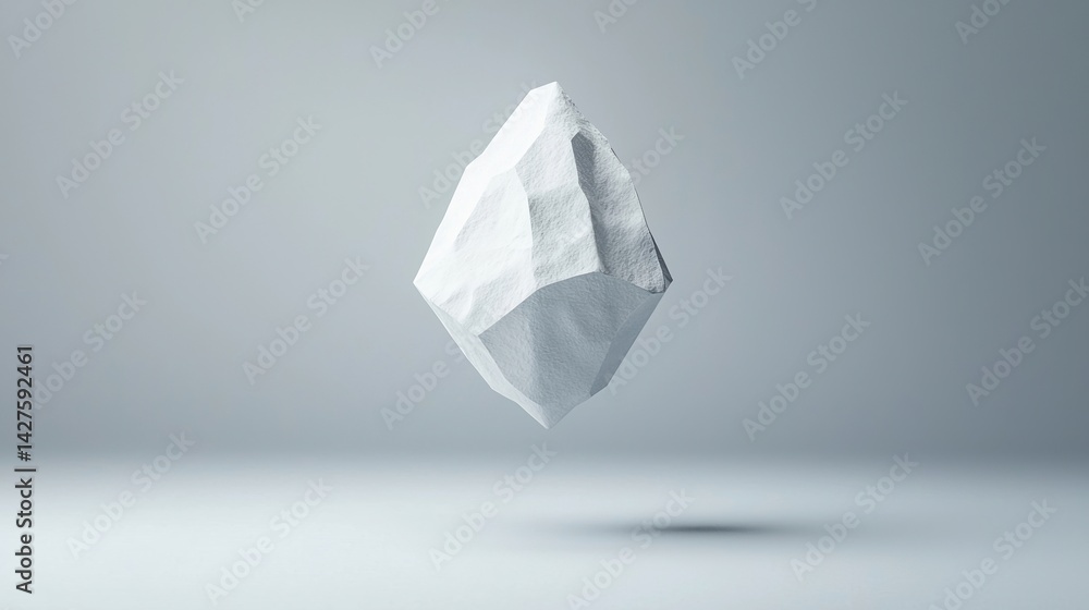 Poster a floating, abstract geometric shape with a textured surface, suspended in a minimalistic gray envir