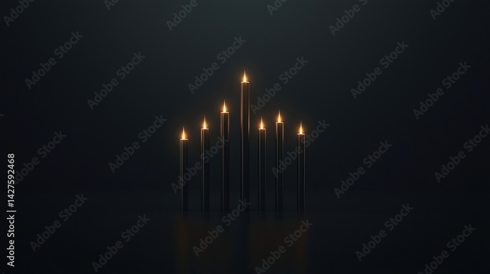 Poster a serene arrangement of seven lit candles on a dark surface, creating a calming and atmospheric glow