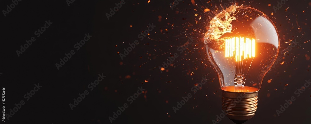Poster explosion of lightbulb in high-speed bulb shattering concept. a glowing light bulb with sparks emana