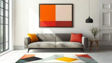 A bright and airy living room with a minimalist design, including a low-profile sofa, a geometric rug, and a large, unobtrusive piece of art on the wall.