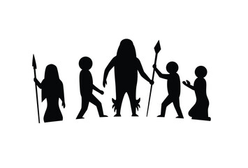 Obraz premium Tribe silhouette. This image shows a group of tribal figures in silhouette, some holding spears and others in ceremonial poses, representing cultural rituals. Vector clipart illustration design.