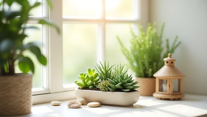 Miniature indoor succulent garden adds calm and beauty to the window space.