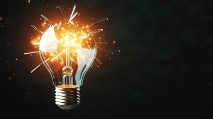 Explosion of lightbulb showing bulb and filament crash concept. A glowing light bulb bursts into sparks, symbolizing innovation.