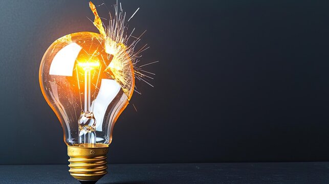 Explosion of lightbulb showing bulb and filament crash concept. A light bulb emitting sparks, symbolizing innovation and ideas.