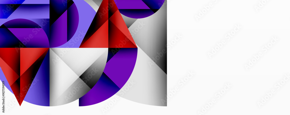 Poster abstract geometric composition. shapes overlap, creating dynamic visual effect. purple, red, white, 
