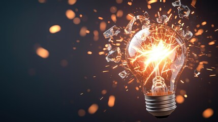Explosion of lightbulb in high-speed electric crash concept. A shattered light bulb emits sparks in a dramatic display.