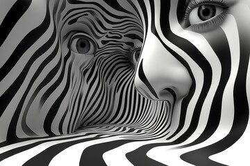 Psychedelic Dream Art Hallucinations, Black and White Zebra Patterns with Partial Faces Looking Depicting Twisted Viivid Dreams