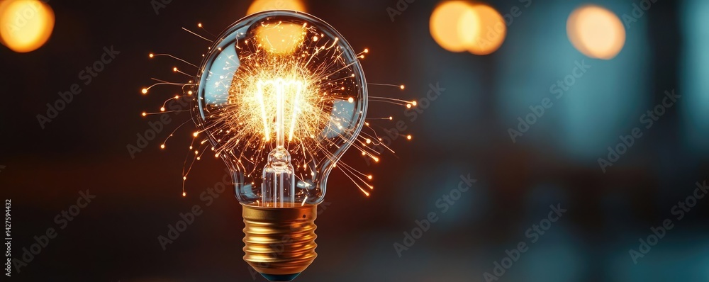 Poster explosion of lightbulb showing bulb and filament crash concept. a glowing light bulb with spark effe