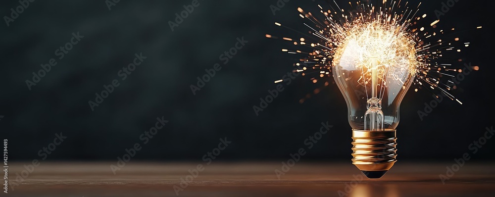 Poster explosion of lightbulb showing bulb and filament crash concept. illuminating spark from an electric 