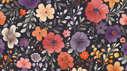 Abstract floral seamless border with flower in background, A decorative pattern of intertwining golden vines and flowers on a black texture, Tiny wildflowers in watercolor style for wedding.