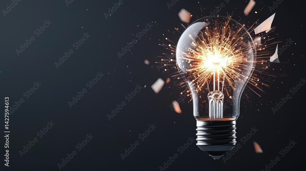 Poster explosion of lightbulb showing bulb and filament crash concept. an exploding light bulb symbolizes i