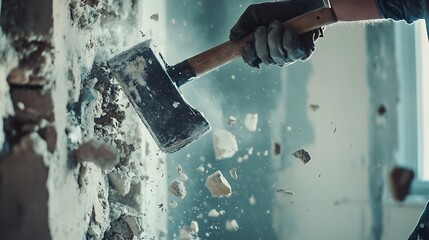 Demolition Hammer Breaking Brick Wall