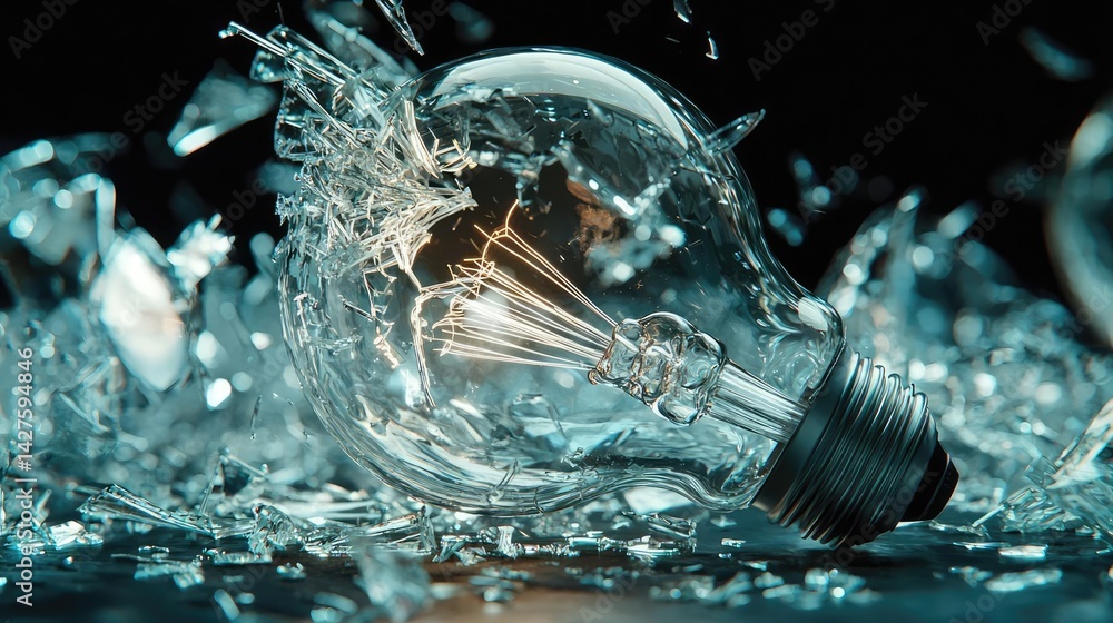 Poster explosion of lightbulb showing bulb and filament crash concept. a shattered light bulb surrounded by