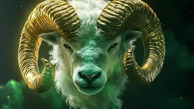 Majestic ram head with golden horns against a mystical green backdrop, evoking strength and nature